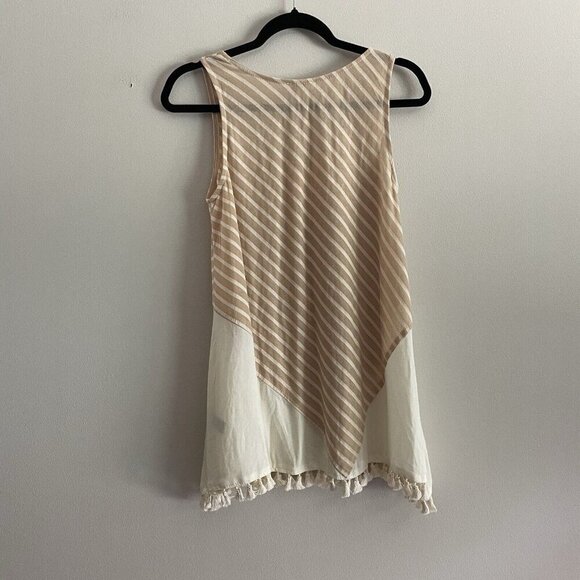 Umgee Women S Tan/Ivory Striped Sleeveless Tunic Length Boho Fringe Hem Top NWT - Picture 8 of 8